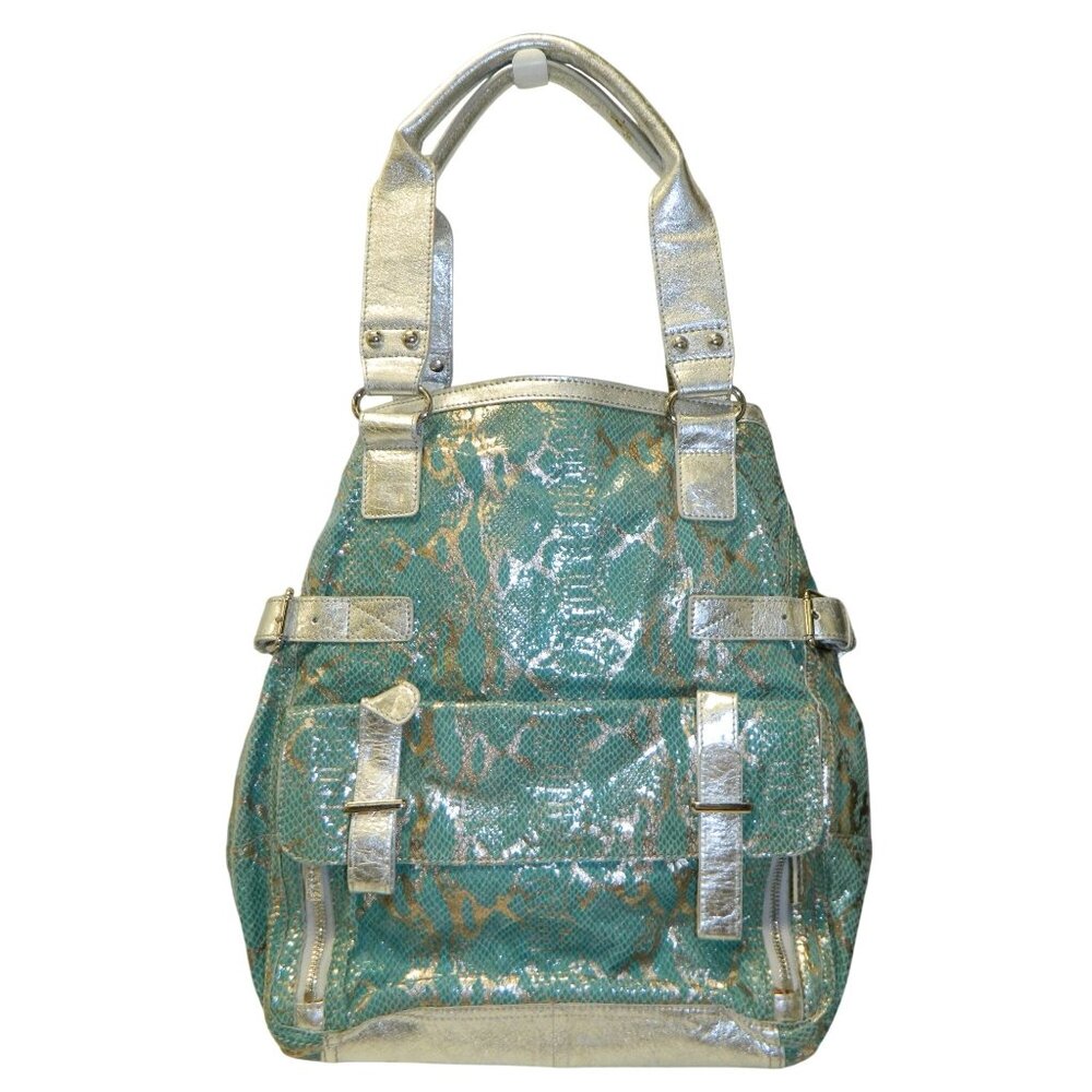 Roxbury Y2k Metallic Silver Aqua Faux Snakeskin Backpack Puffy Bag Satchel Purse